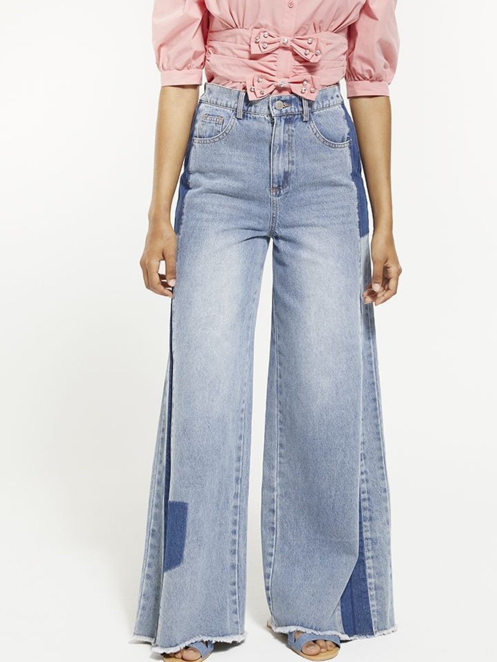 Zara Two-Tone Light Blue Wide-Leg Patchwork Jeans